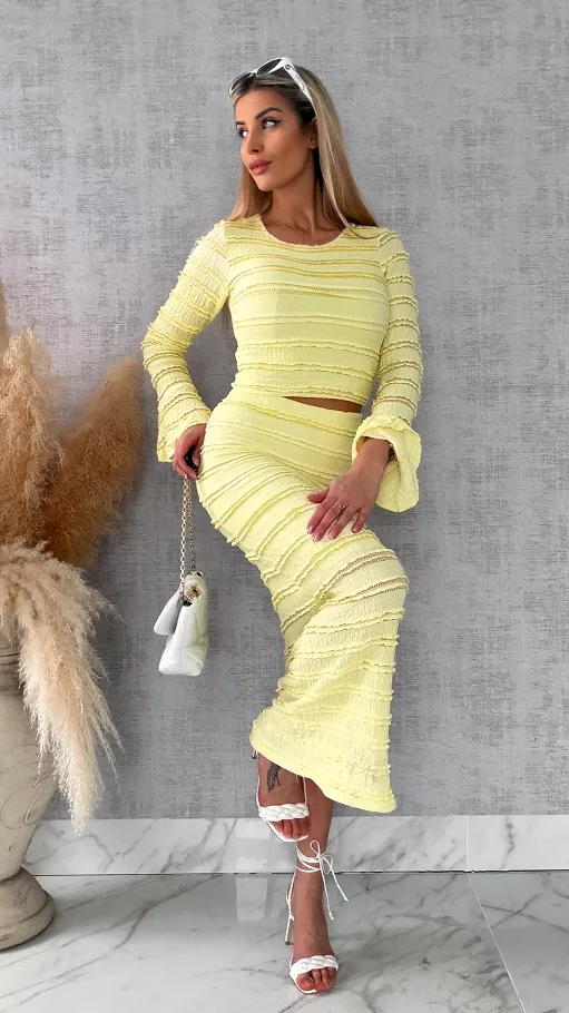 Wiosenny elastyczny komplet bluzka + midi spódnica ONE SIZE żółty - R671A