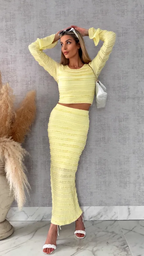 Wiosenny elastyczny komplet bluzka + midi spódnica ONE SIZE żółty - R671A