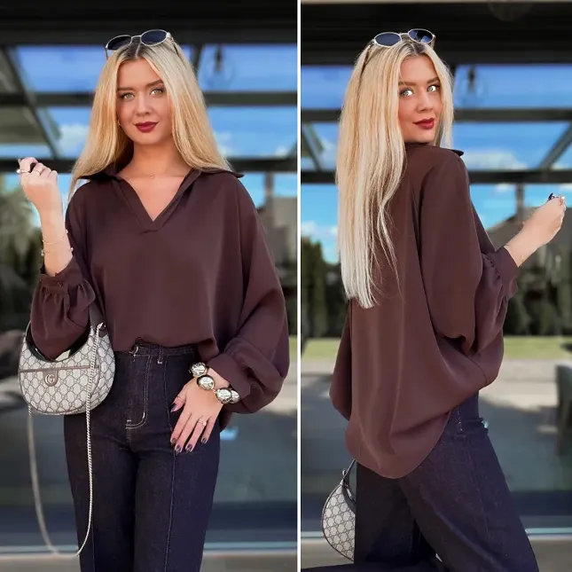 Elegancka brązowa bluzka w stylu koszula OVERSIZE - R137A