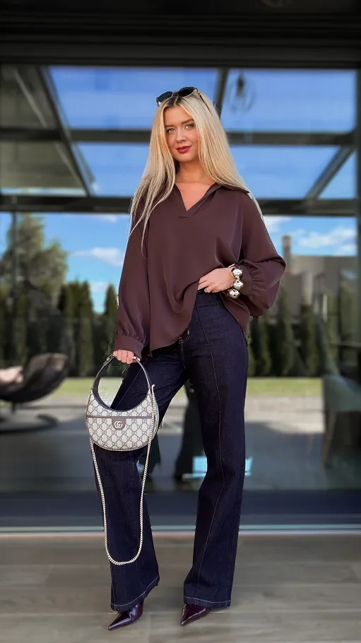 Elegancka brązowa bluzka w stylu koszula OVERSIZE - R137A