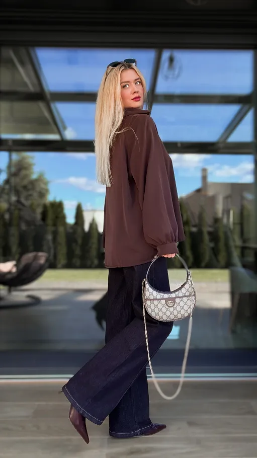 Elegancka brązowa bluzka w stylu koszula OVERSIZE - R137A