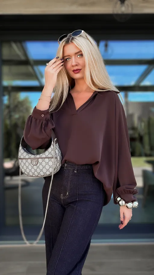 Elegancka brązowa bluzka w stylu koszula OVERSIZE - R137A