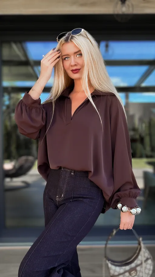 Elegancka brązowa bluzka w stylu koszula OVERSIZE - R137A
