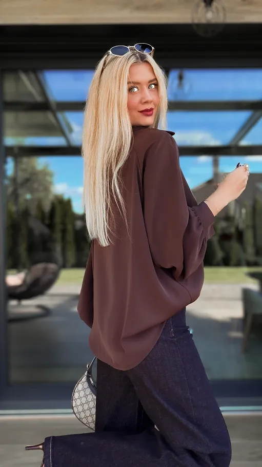 Elegancka brązowa bluzka w stylu koszula OVERSIZE - R137A