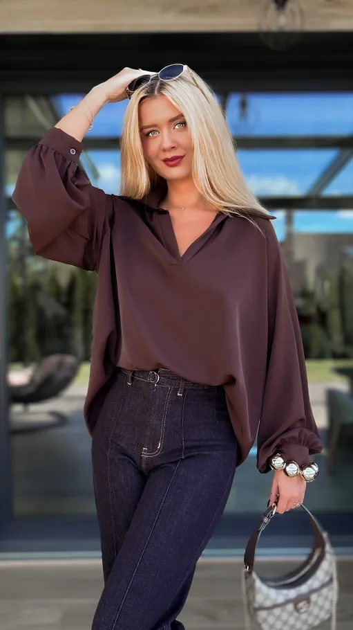 Elegancka brązowa bluzka w stylu koszula OVERSIZE - R137A