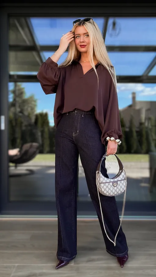 Elegancka brązowa bluzka w stylu koszula OVERSIZE - R137A