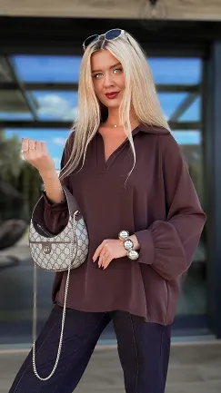 Elegancka brązowa bluzka w stylu koszula OVERSIZE - R137A