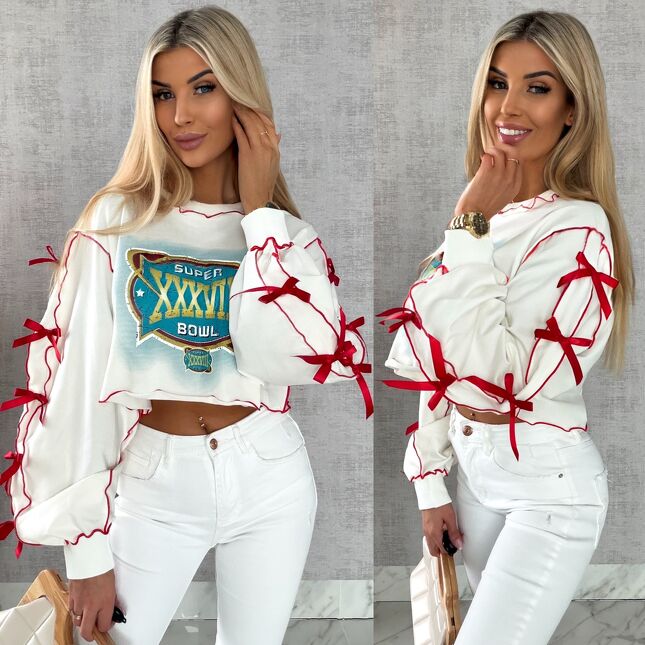 Krótka bawełniana bluza z czerwonymi kokardkami ONE SIZE - R471