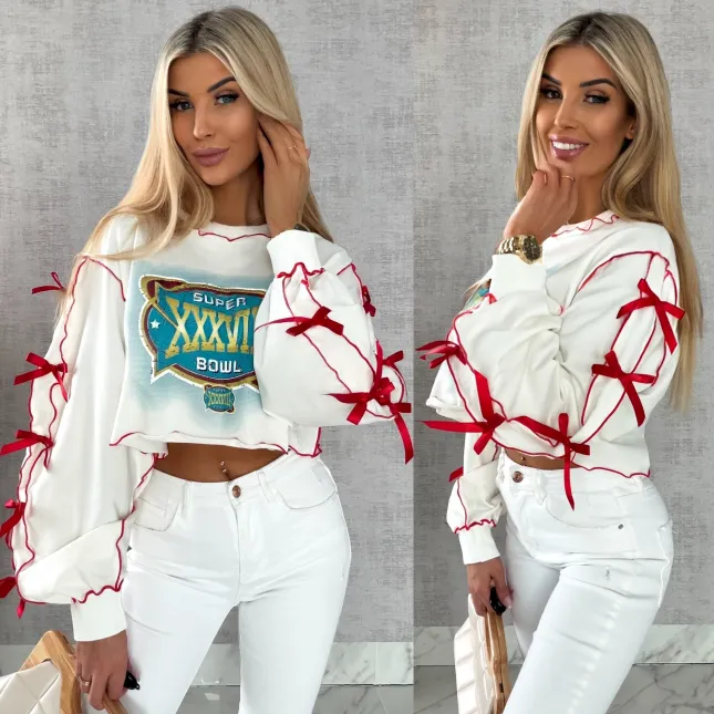 Krótka bawełniana bluza z czerwonymi kokardkami ONE SIZE - R471