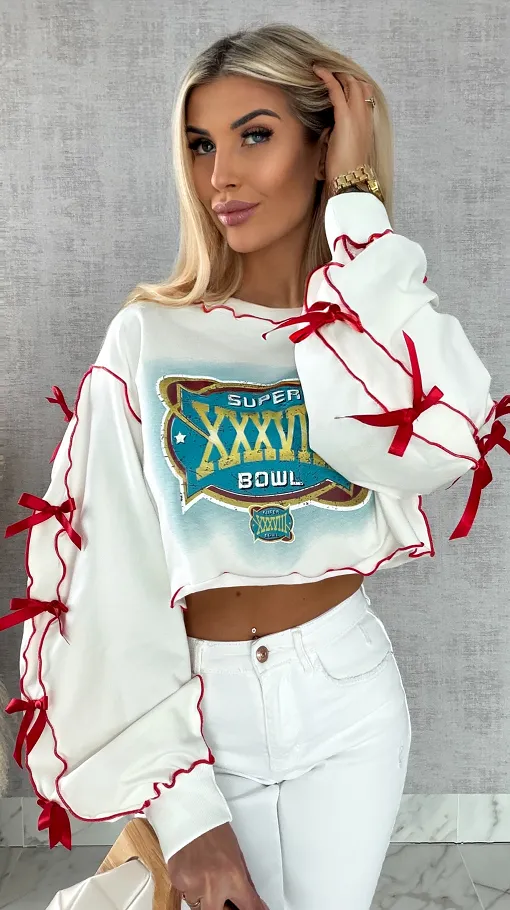 Krótka bawełniana bluza z czerwonymi kokardkami ONE SIZE - R471