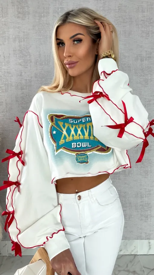 Krótka bawełniana bluza z czerwonymi kokardkami ONE SIZE - R471