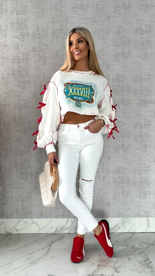 Krótka bawełniana bluza z czerwonymi kokardkami ONE SIZE - R471