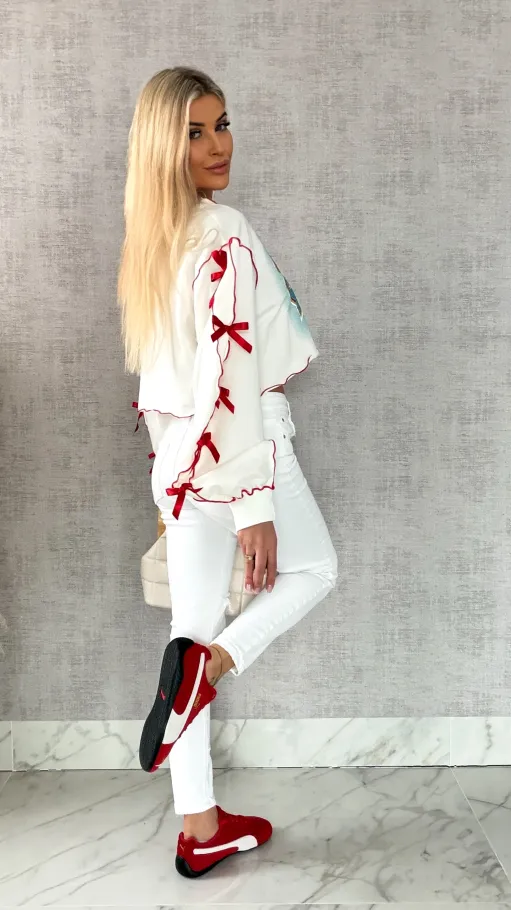 Krótka bawełniana bluza z czerwonymi kokardkami ONE SIZE - R471