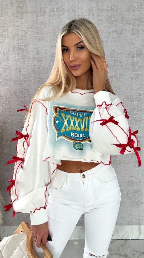 Krótka bawełniana bluza z czerwonymi kokardkami ONE SIZE - R471