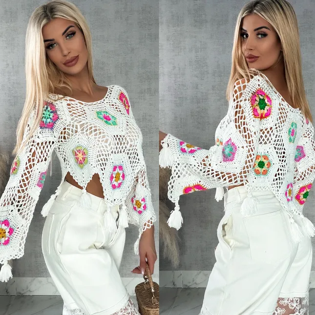 Biały ażurowy sweter szydełkowy z chwostami ONE SIZE - R409