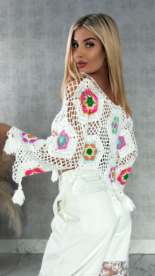 Biały ażurowy sweter szydełkowy z chwostami ONE SIZE - R409