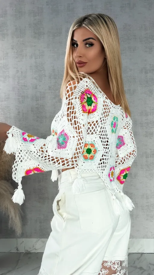 Biały ażurowy sweter szydełkowy z chwostami ONE SIZE - R409