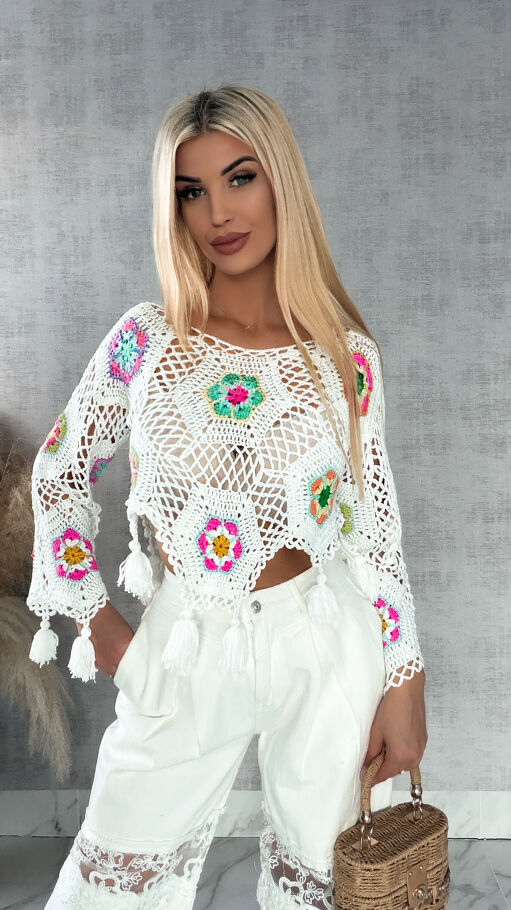 Biały ażurowy sweter szydełkowy z chwostami ONE SIZE - R409