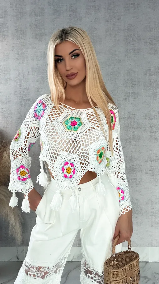 Biały ażurowy sweter szydełkowy z chwostami ONE SIZE - R409