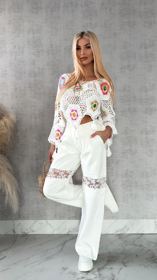 Biały ażurowy sweter szydełkowy z chwostami ONE SIZE - R409