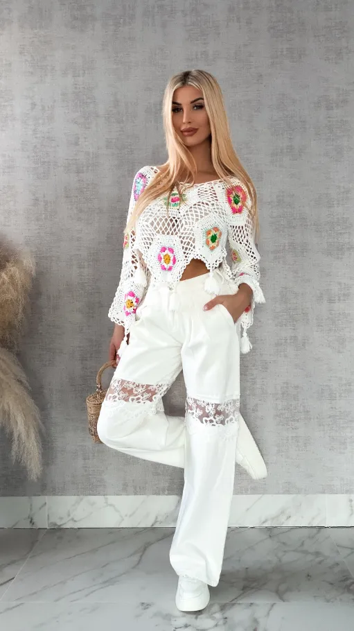 Biały ażurowy sweter szydełkowy z chwostami ONE SIZE - R409