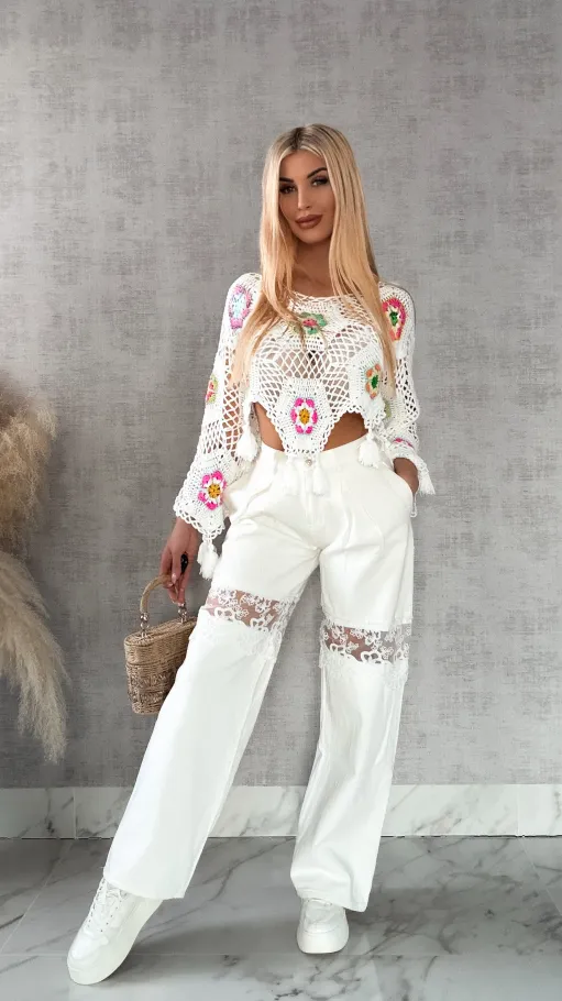 Biały ażurowy sweter szydełkowy z chwostami ONE SIZE - R409