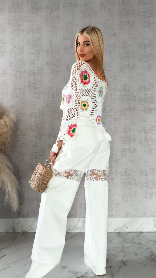 Biały ażurowy sweter szydełkowy z chwostami ONE SIZE - R409