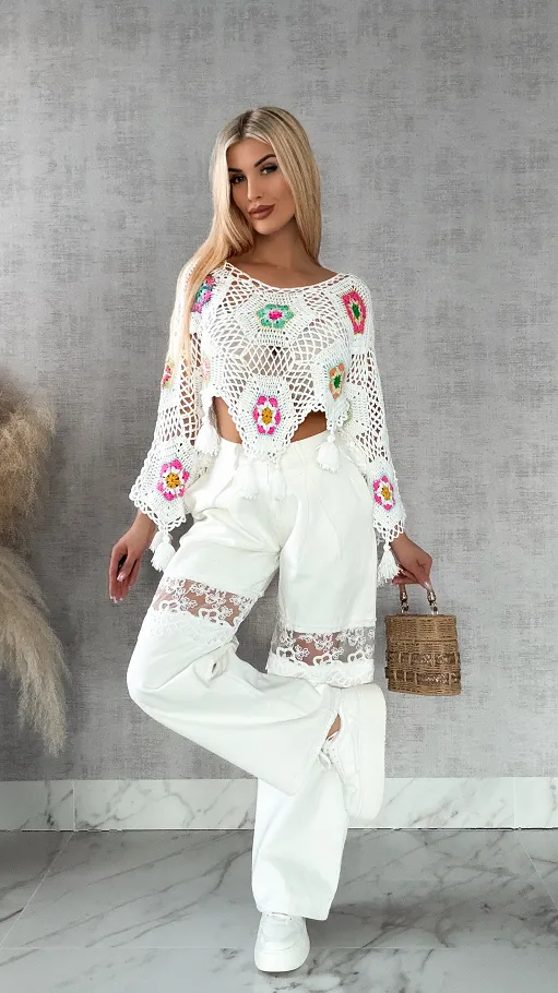 Biały ażurowy sweter szydełkowy z chwostami ONE SIZE - R409