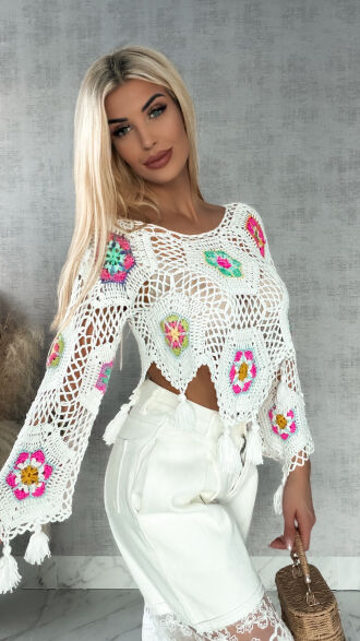 Biały ażurowy sweter szydełkowy z chwostami ONE SIZE - R409