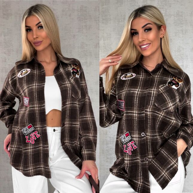 Bawełniana czekoladowa koszula w kratę z naszywkami ONE SIZE - R616