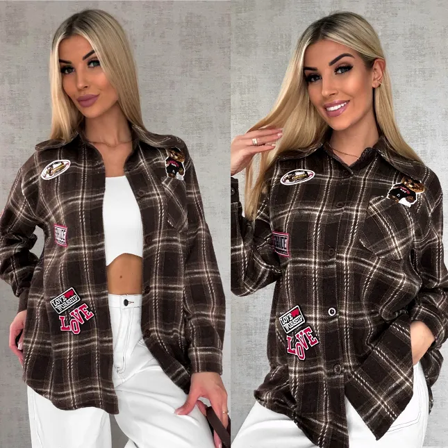 Bawełniana czekoladowa koszula w kratę z naszywkami ONE SIZE - R616