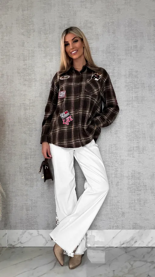 Bawełniana czekoladowa koszula w kratę z naszywkami ONE SIZE - R616