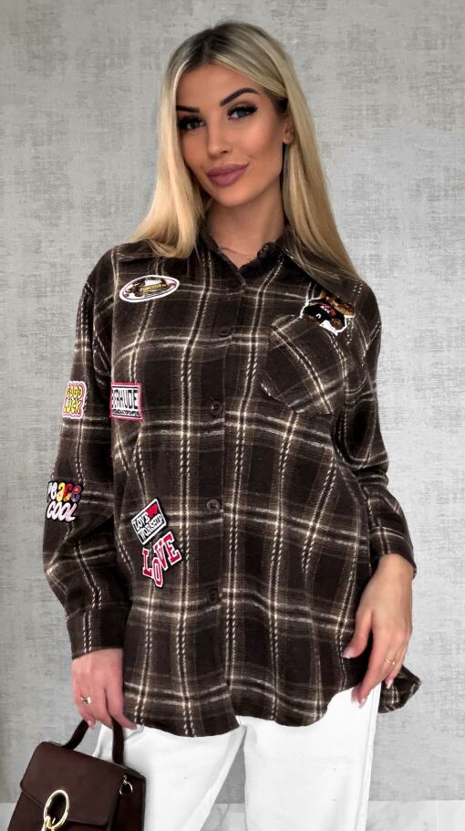 Bawełniana czekoladowa koszula w kratę z naszywkami ONE SIZE - R616