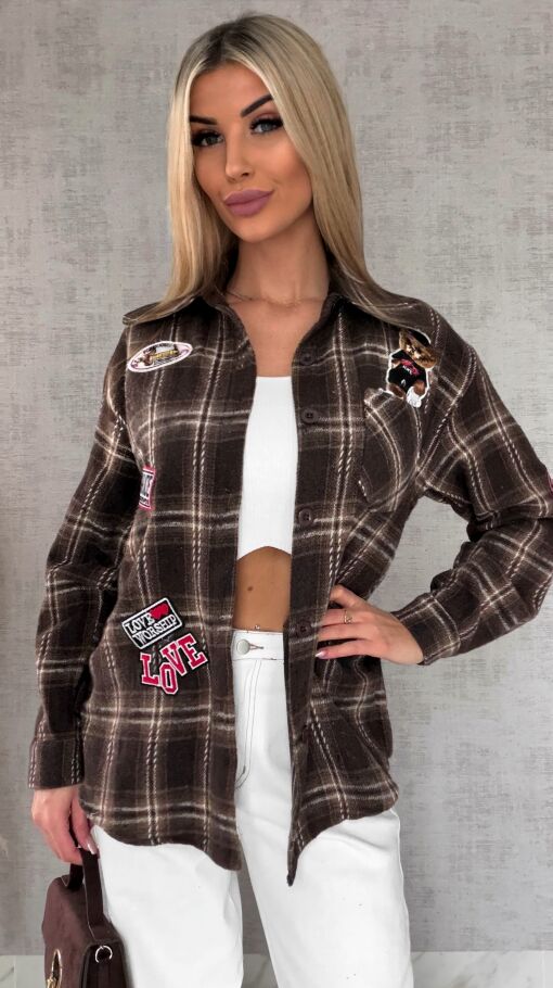 Bawełniana czekoladowa koszula w kratę z naszywkami ONE SIZE - R616