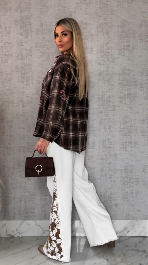 Bawełniana czekoladowa koszula w kratę z naszywkami ONE SIZE - R616