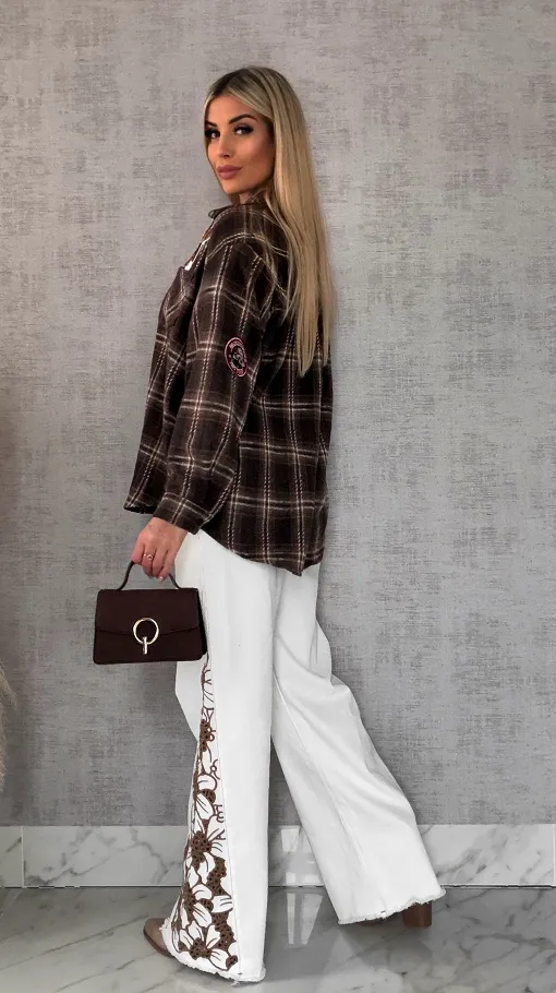 Bawełniana czekoladowa koszula w kratę z naszywkami ONE SIZE - R616