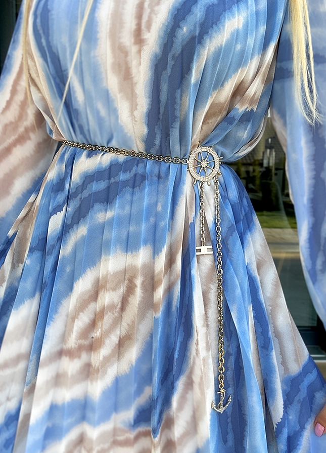 Plisowana sukienka na wiosnę BEŻOWO NIEBIESKA - M900