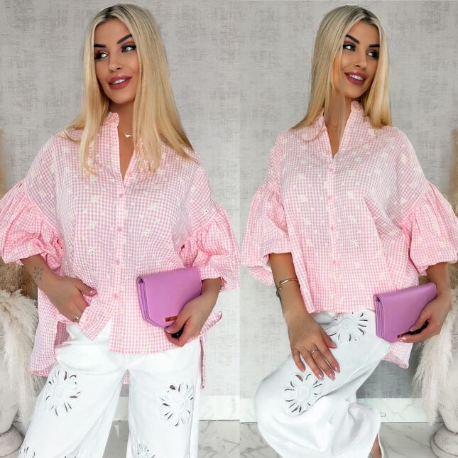 Piękna asymetryczna bluzka w kratkę VICHY one size PINK - R862