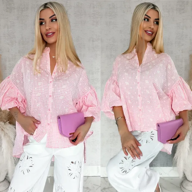 Piękna asymetryczna bluzka w kratkę VICHY one size PINK - R862