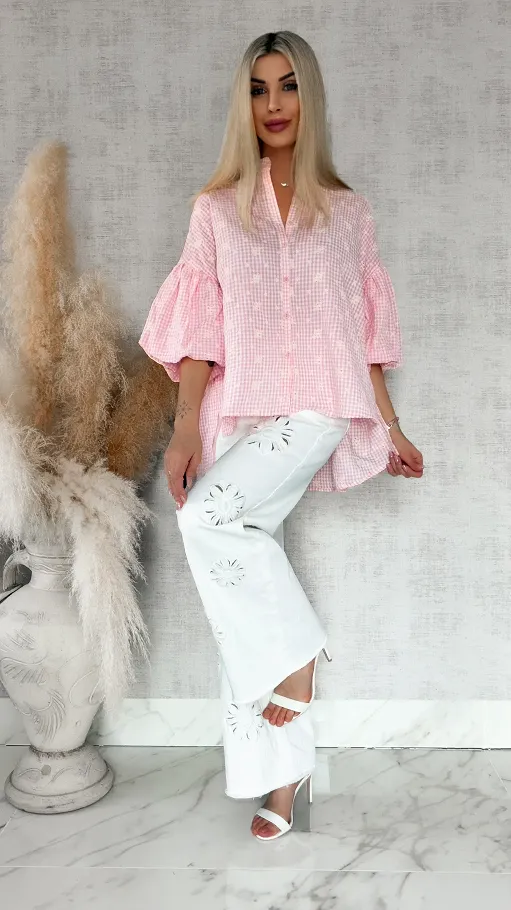 Piękna asymetryczna bluzka w kratkę VICHY one size PINK - R862