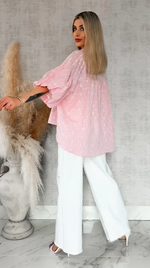 Piękna asymetryczna bluzka w kratkę VICHY one size PINK - R862