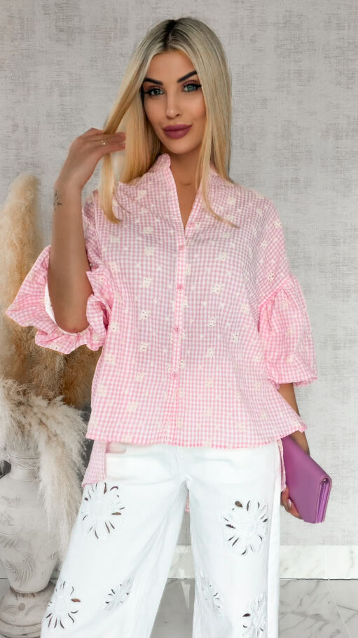 Piękna asymetryczna bluzka w kratkę VICHY one size PINK - R862