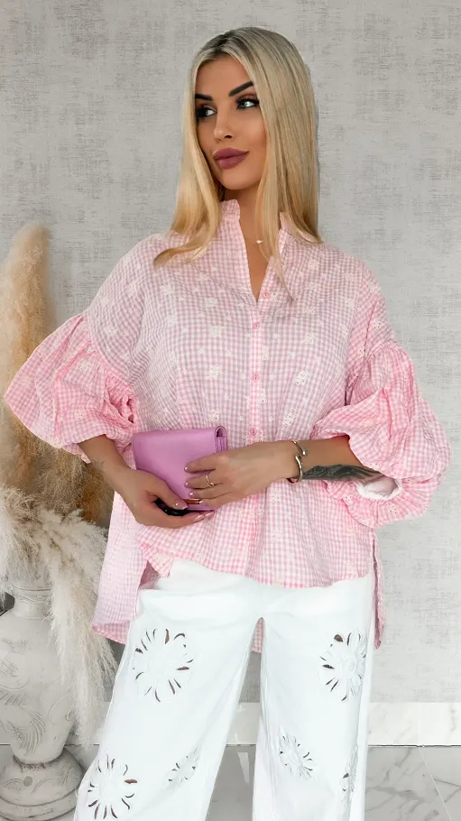 Piękna asymetryczna bluzka w kratkę VICHY one size PINK - R862
