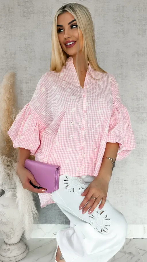 Piękna asymetryczna bluzka w kratkę VICHY one size PINK - R862