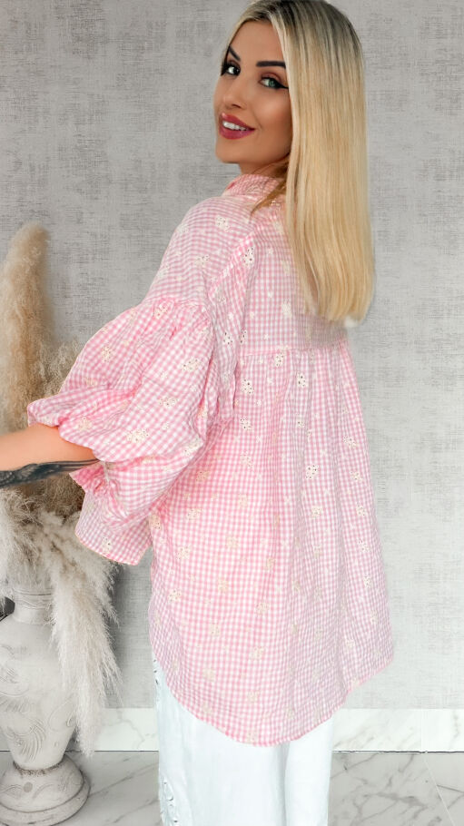 Piękna asymetryczna bluzka w kratkę VICHY one size PINK - R862