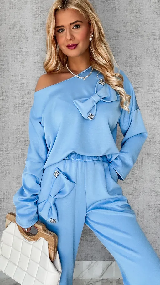 Niebieski masełkowy komplet dresowy w kokardy ONE SIZE - P413A