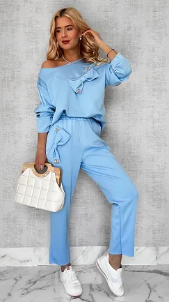 Niebieski masełkowy komplet dresowy w kokardy ONE SIZE - P413A