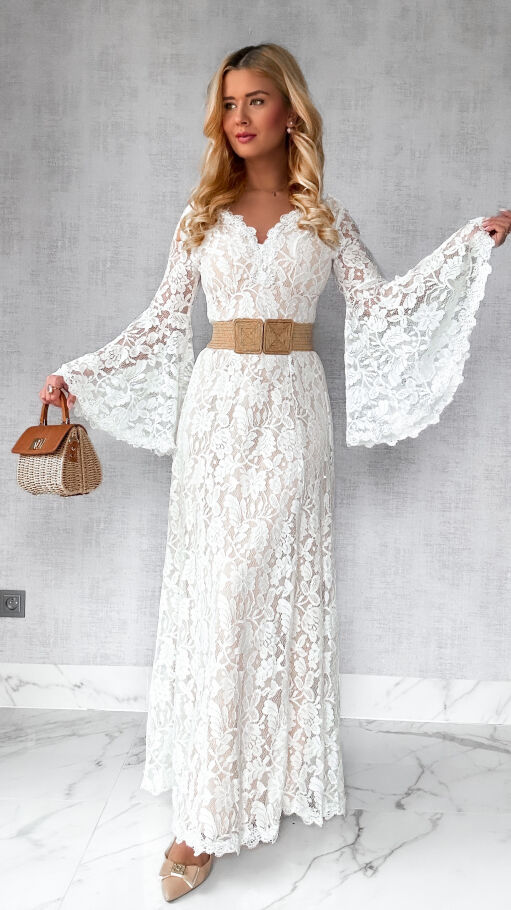 Biała MAXI sukienka koronkowa BOHO z szerokimi rękawami - P276