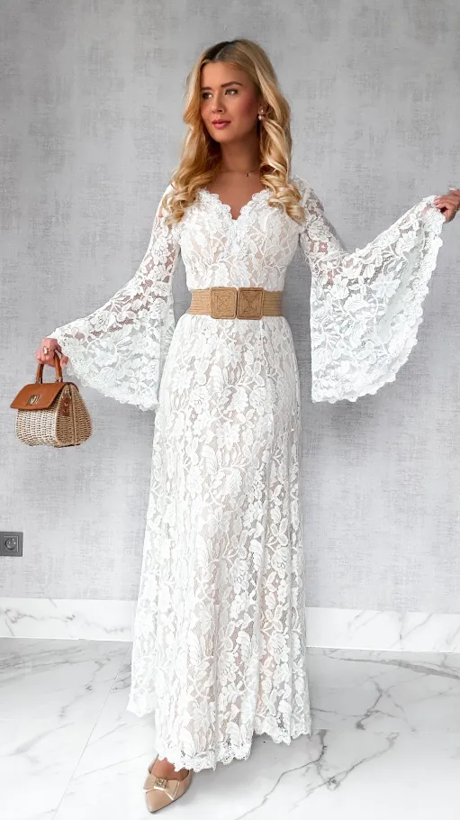 Biała MAXI sukienka koronkowa BOHO z szerokimi rękawami - P276