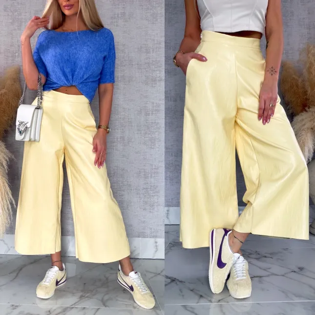 Skórzane spodnie KULOTY z kieszeniami PASTELOWY ŻÓŁTY - R587A